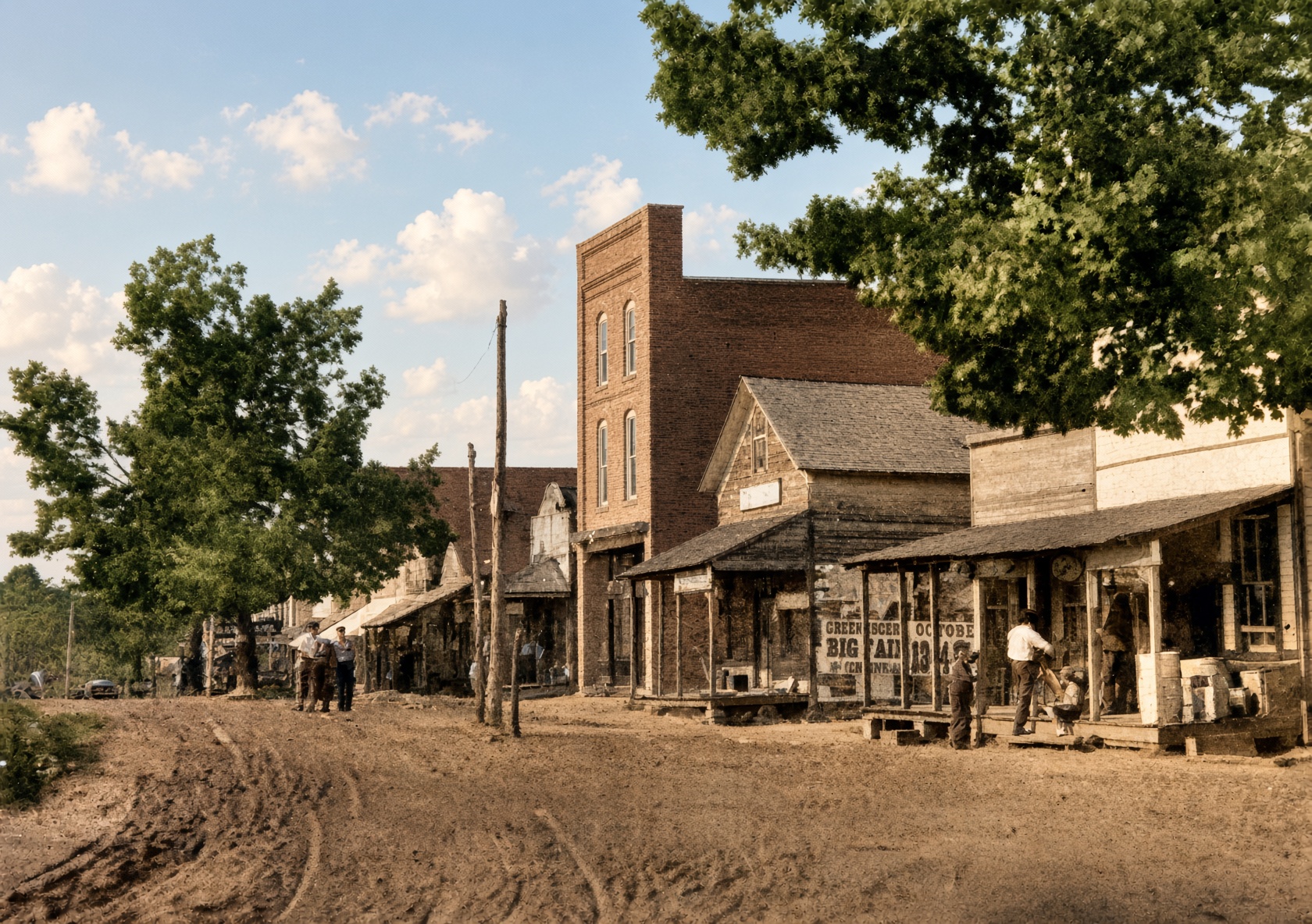 Retouched archival view of the hardware store and neighboring Main Street buildings